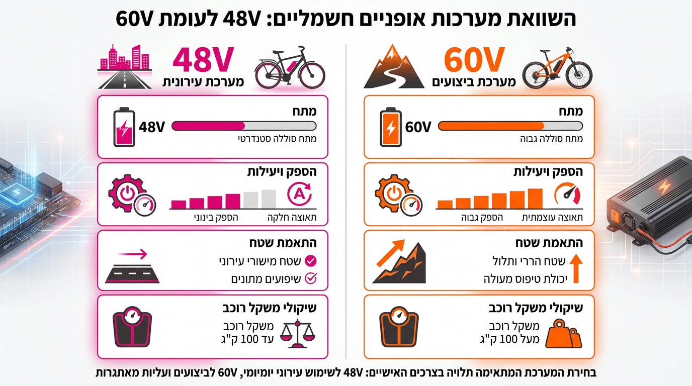 השוואה בין אופניים חשמליים 48 וולט ל-60 וולט - ההבדלים המרכזיים